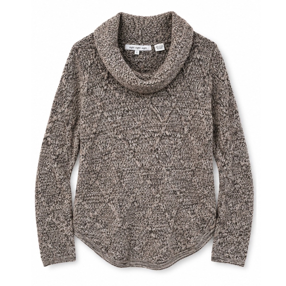 Eight Eight Eight Women Cowl Neck Marled Leaf Knit Cotton Sweater Gray Taupe L
